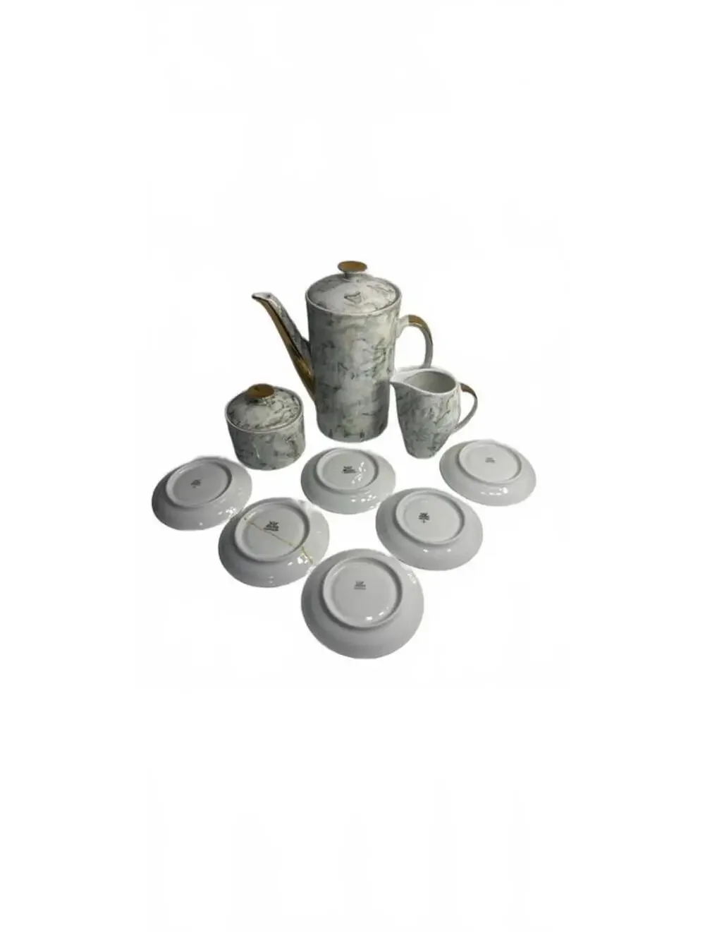 Vintage Wawel Poland Gold Taupe Beige Marble China Tea Set